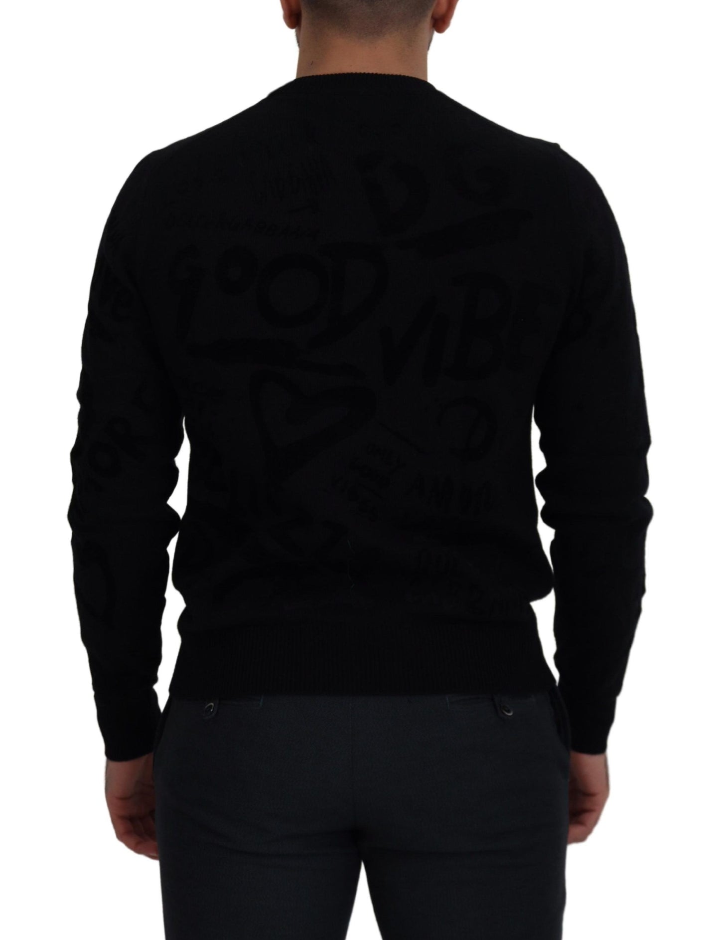 Black Wool Logo Pattern Crewneck Pullover Sweater