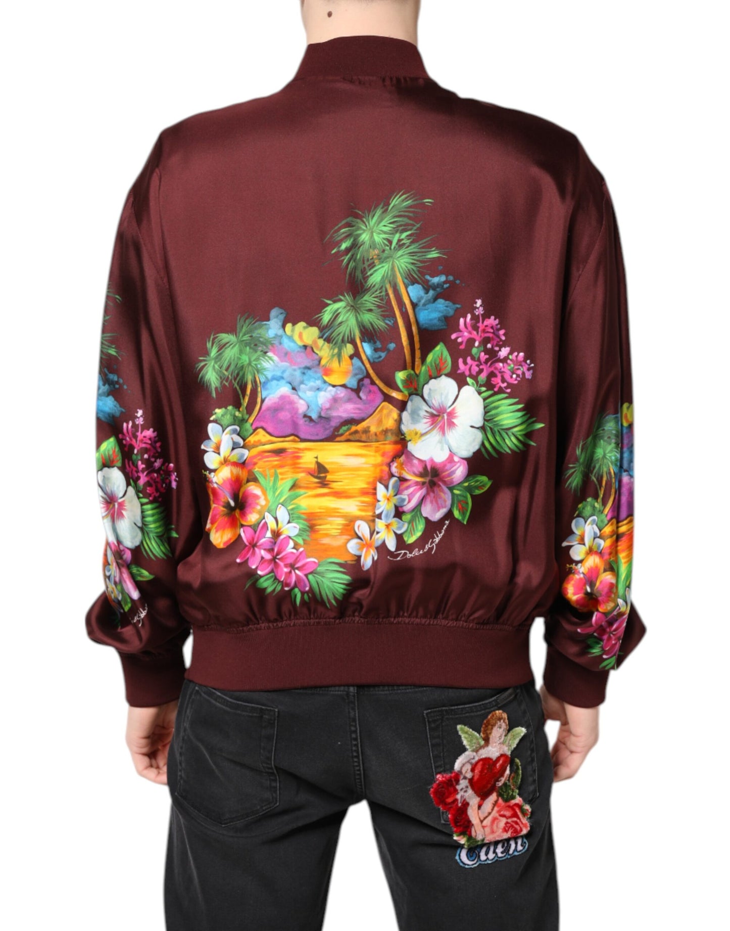 Maroon Floral Print Full Zip Bomber Jacket