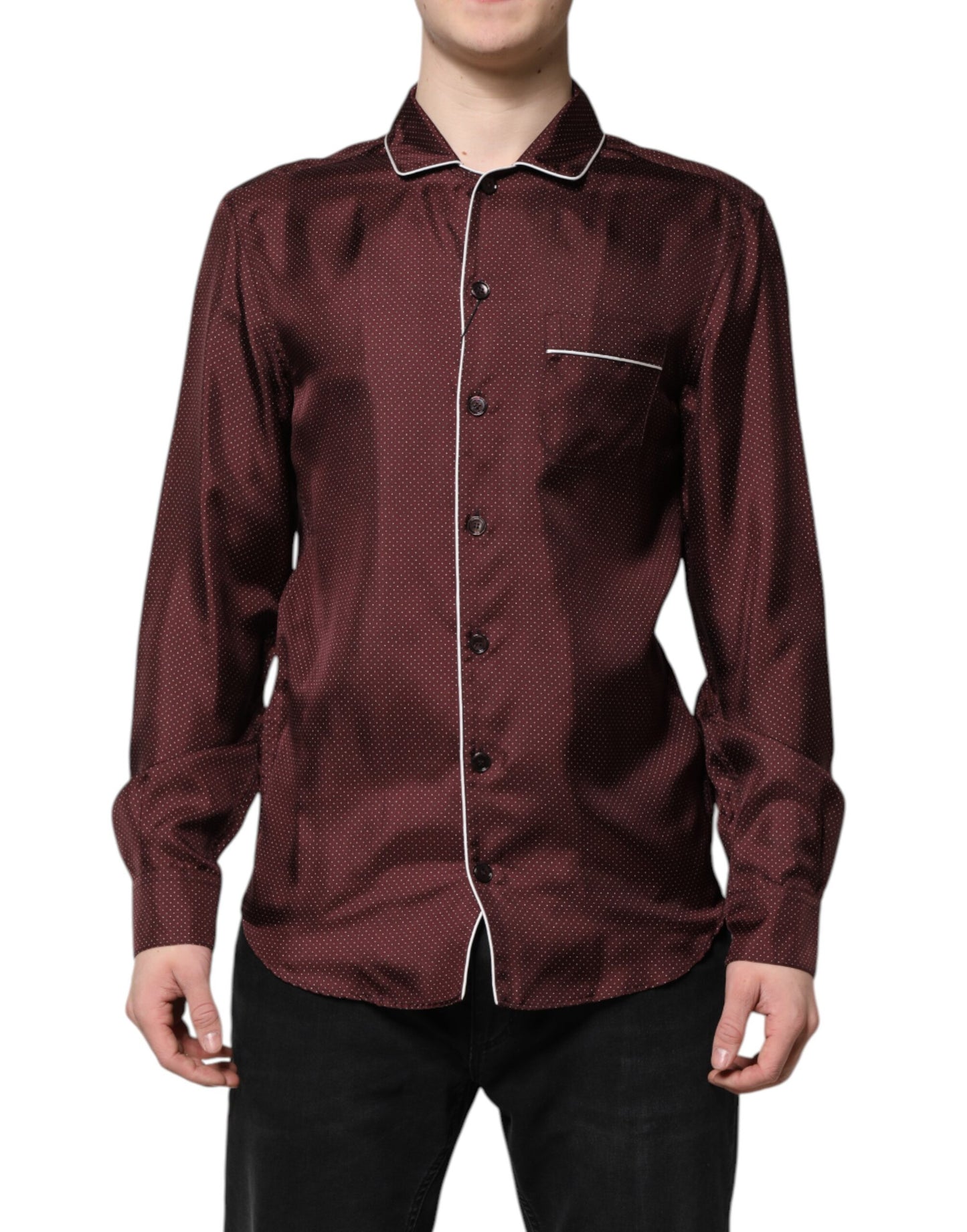 Burgundy Silk Dotted Long Sleeves Shirt