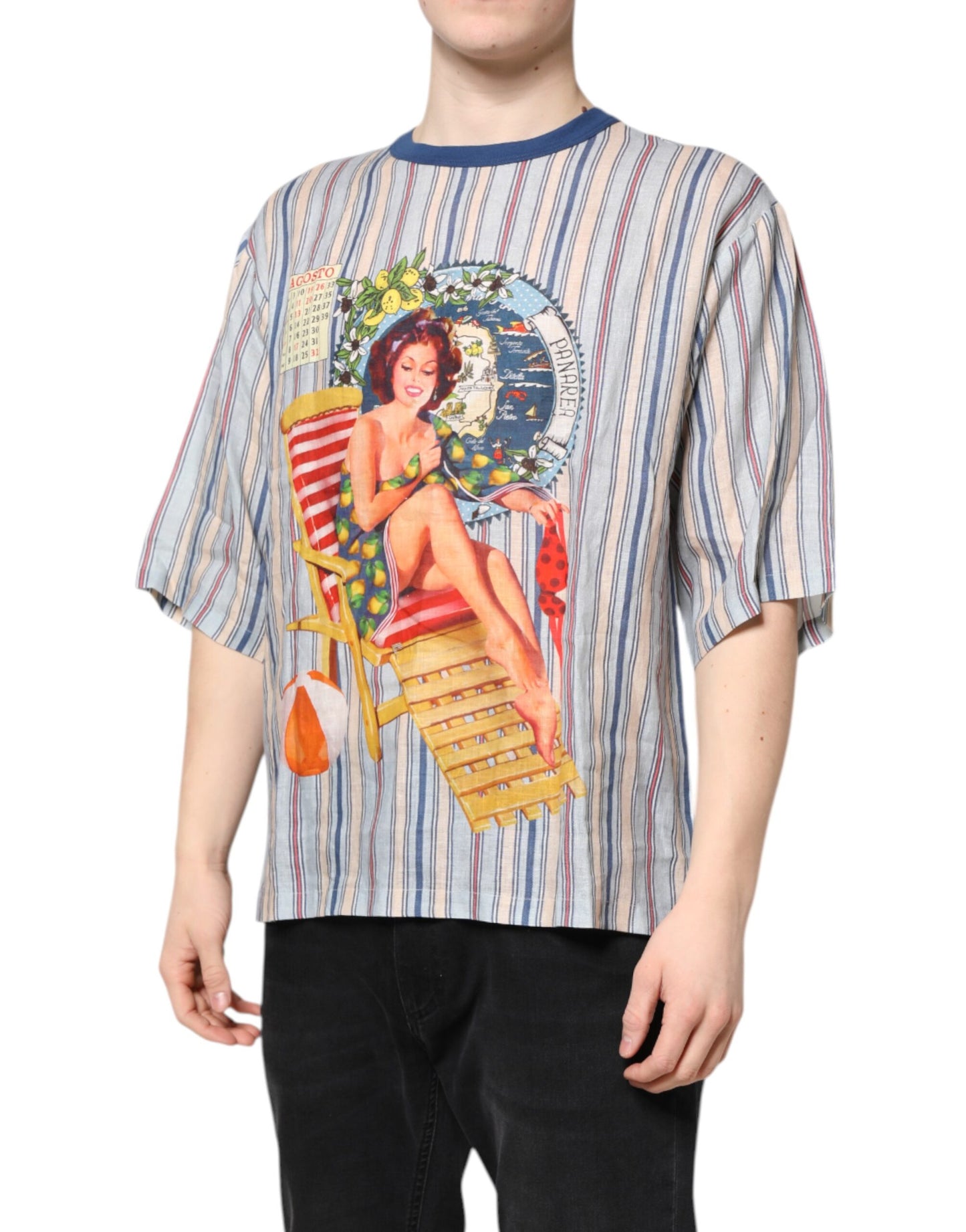 Multicolor Striped Pin Up Linen Round Neck T-shirt