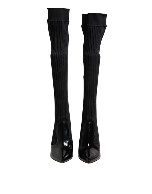 Black Leather Ribbed Knit Knee Boots Shoes
