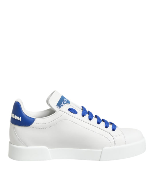 White Blue Leather Low Top Sneakers Shoes