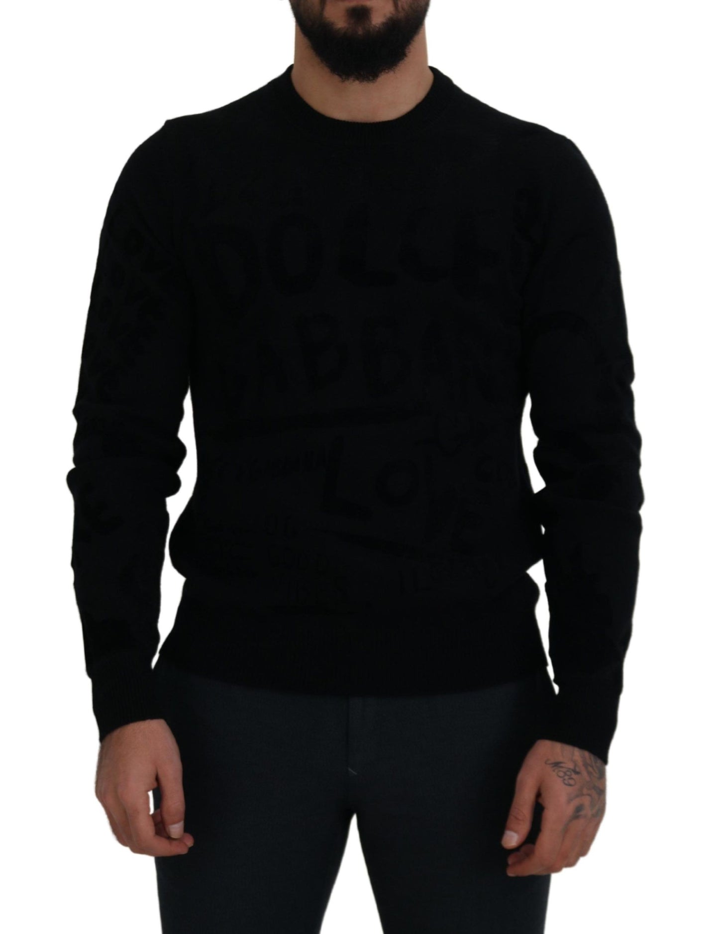 Black Wool Logo Pattern Crewneck Pullover Sweater
