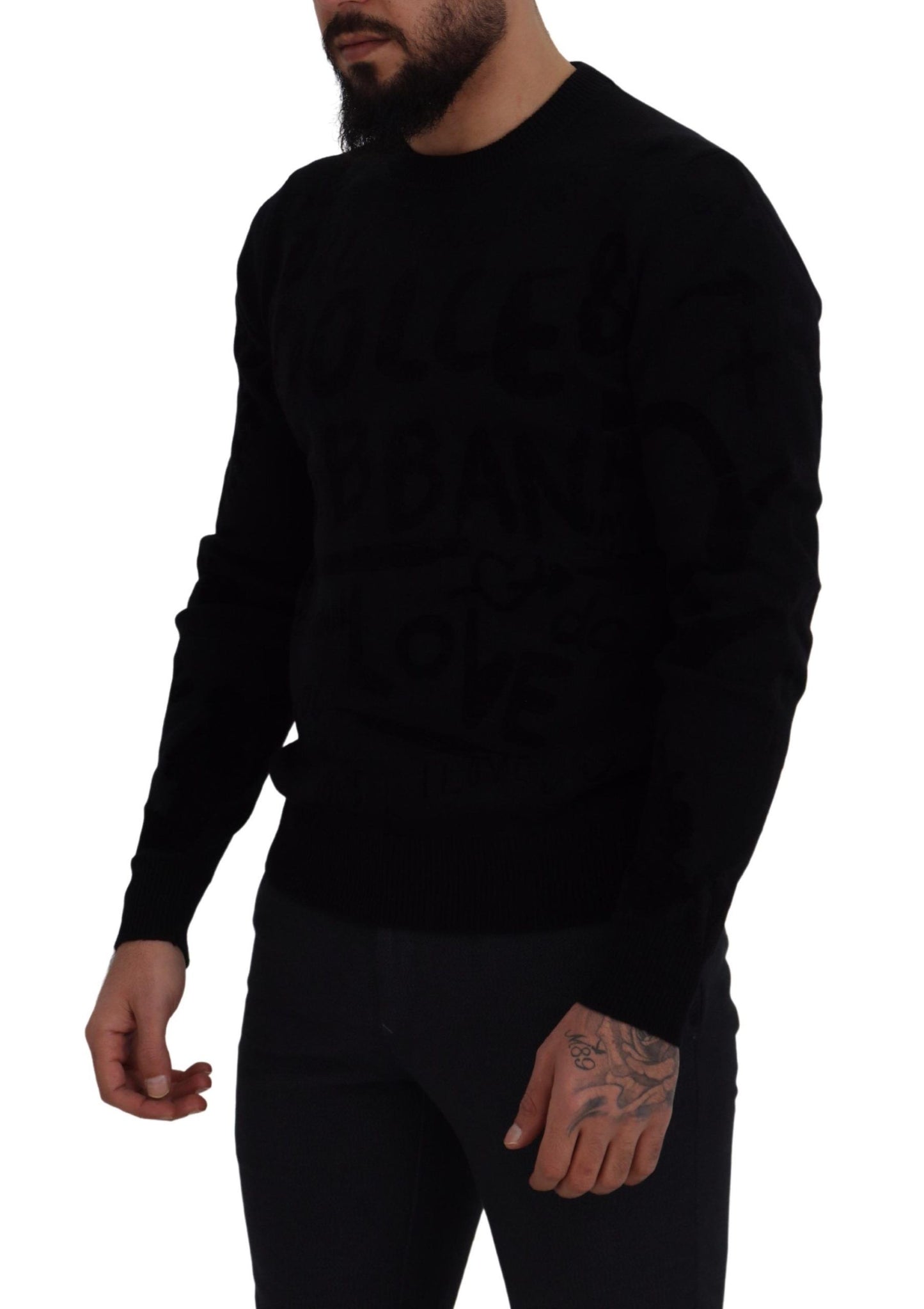 Black Wool Logo Pattern Crewneck Pullover Sweater