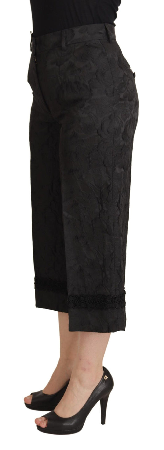 Black Brocade Cropped High Waist Pants