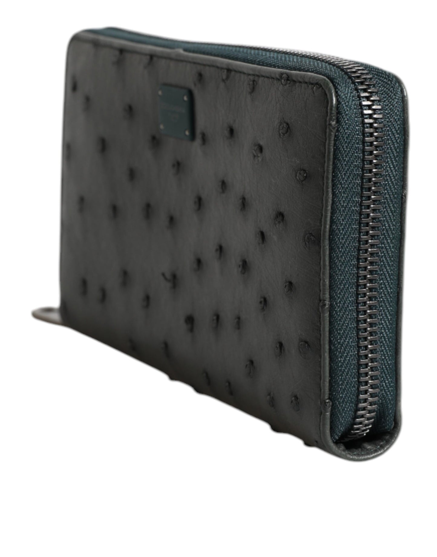 Green Ostrich Logo Plaque Zip Around Continental Wallet