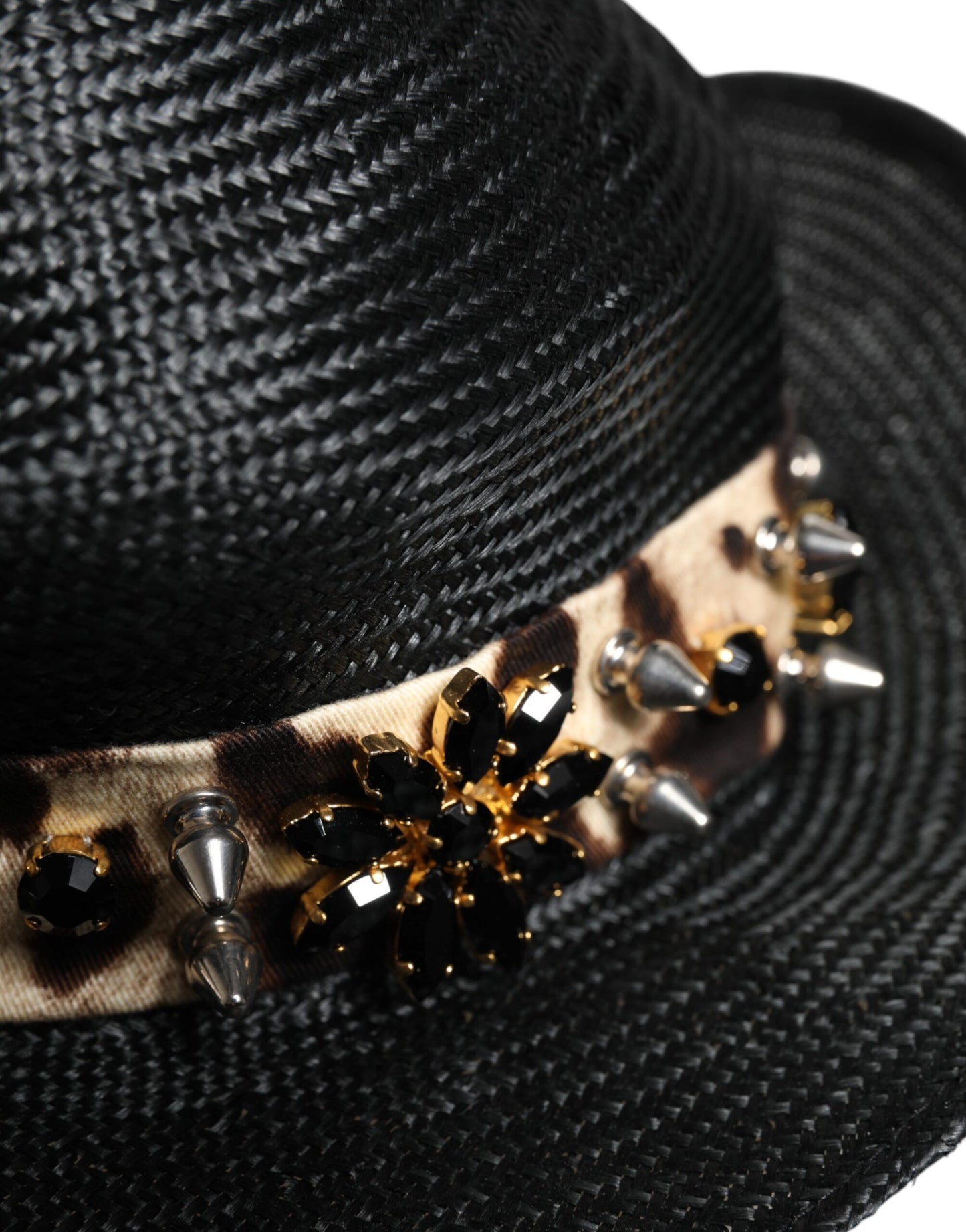 Black Straw Crystal Embellished Wide Brim Hat