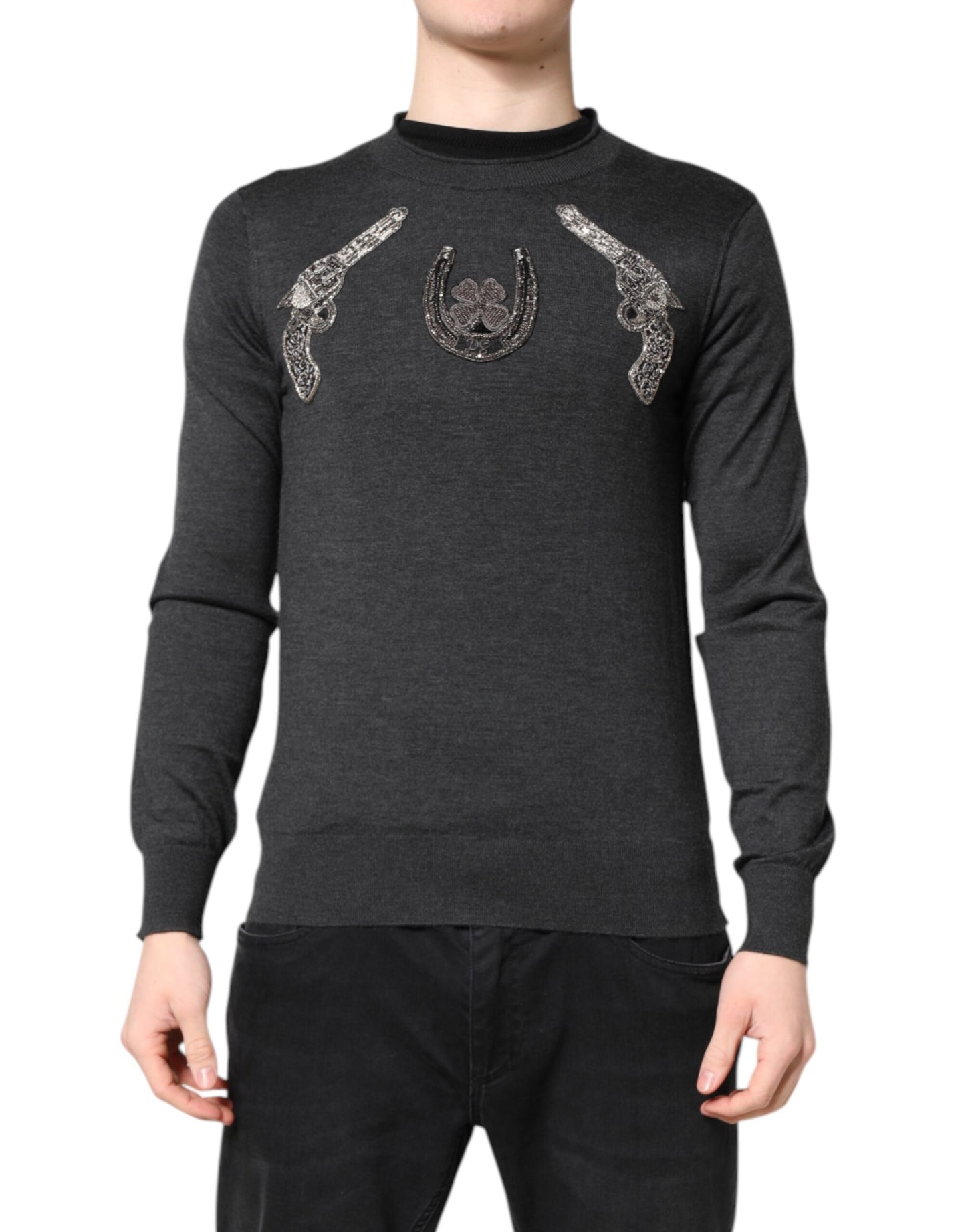 Gray Embroidery Knit Men Pullover Sweater