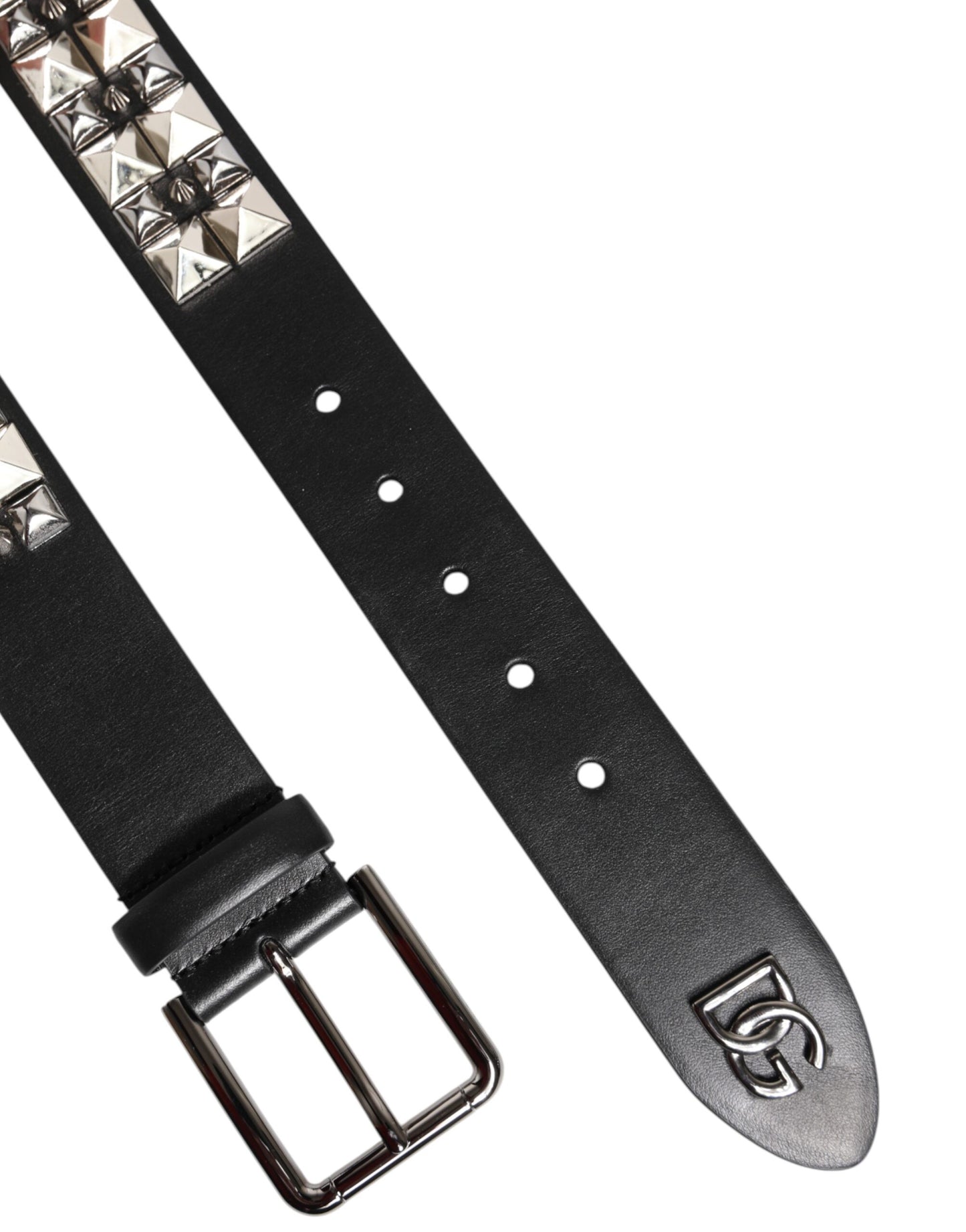 Black Calf Leather Studded Silver Buckle Belt