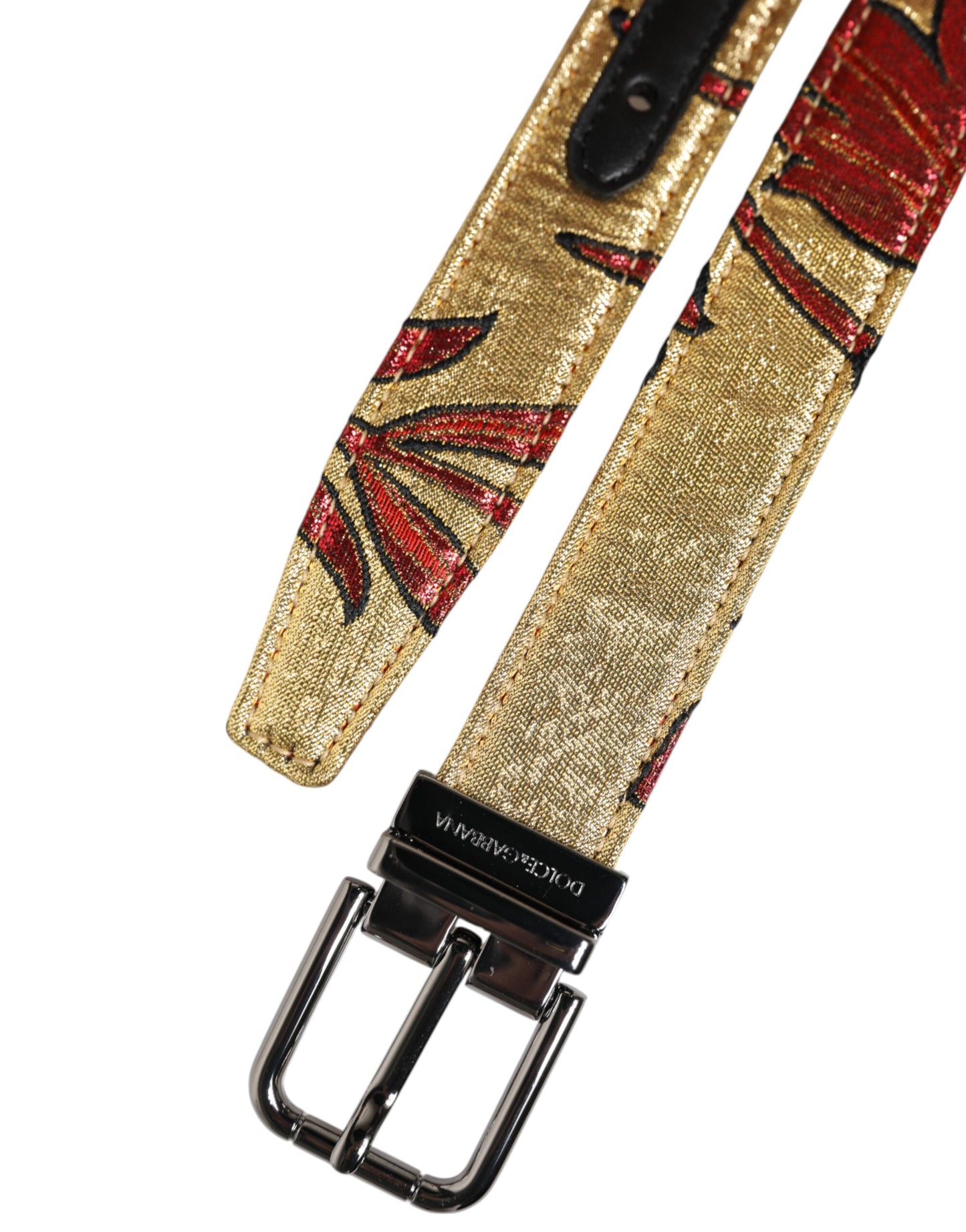 Gold Floral Jacquard Silver Metal Buckle Belt