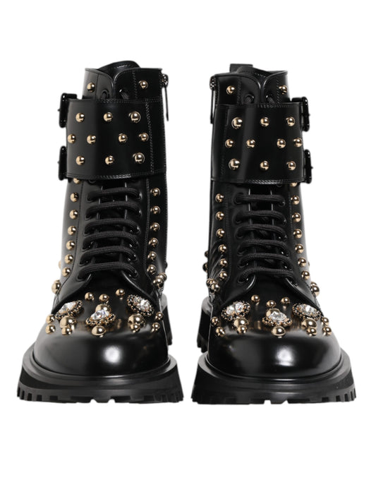 Black Studded Lace Up Mid Calf Boots Shoes