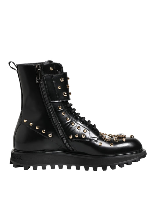Black Studded Lace Up Mid Calf Boots Shoes
