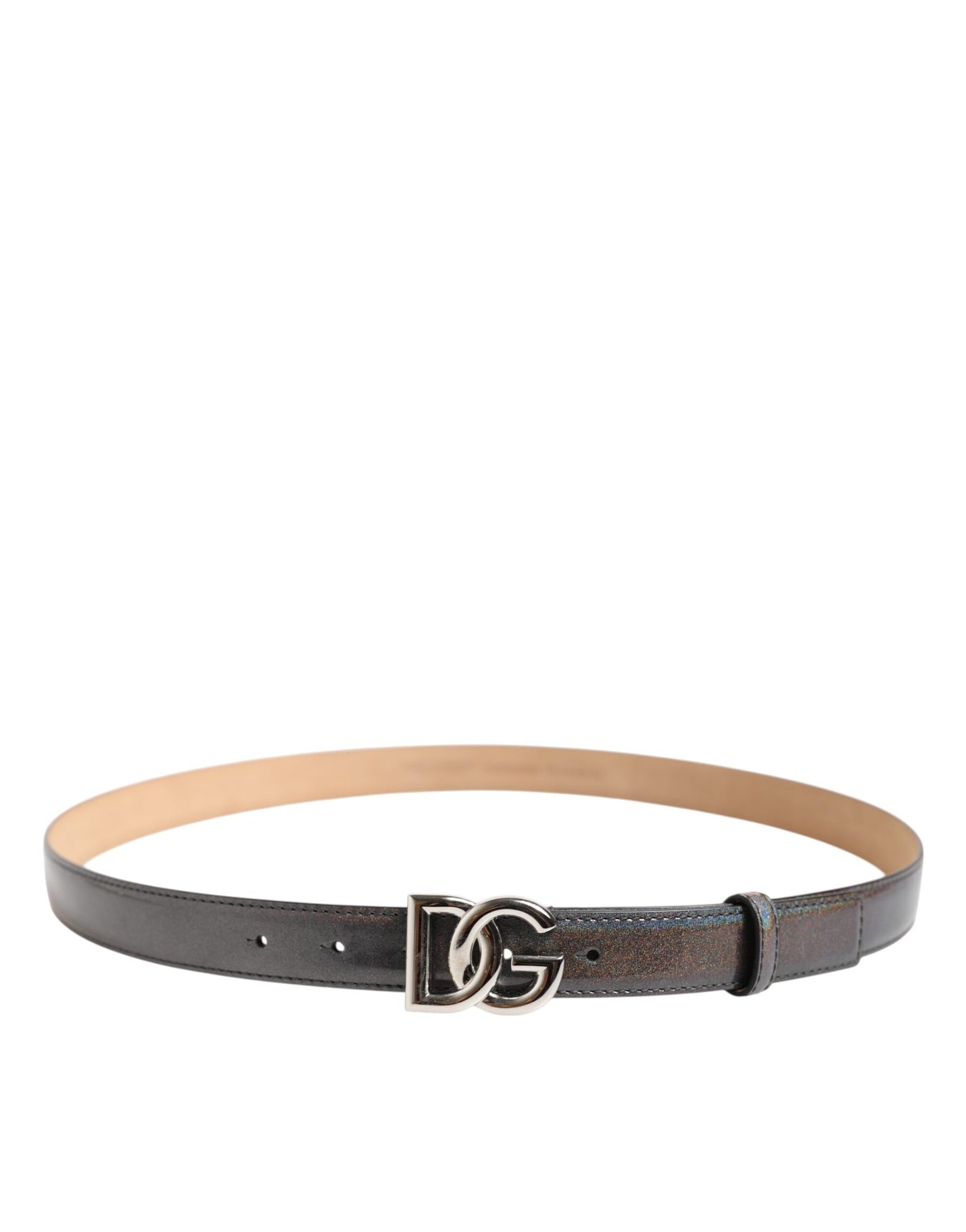 Metallic Leather Silver Tone Logo Buckle Belt