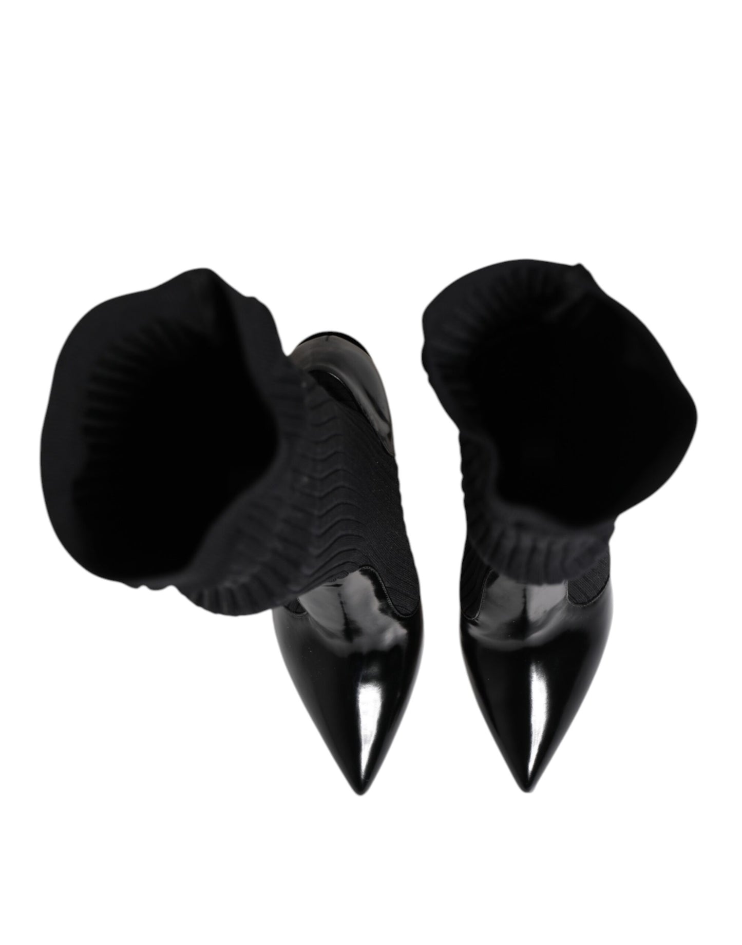 Black Leather Ribbed Knit Knee Boots Shoes