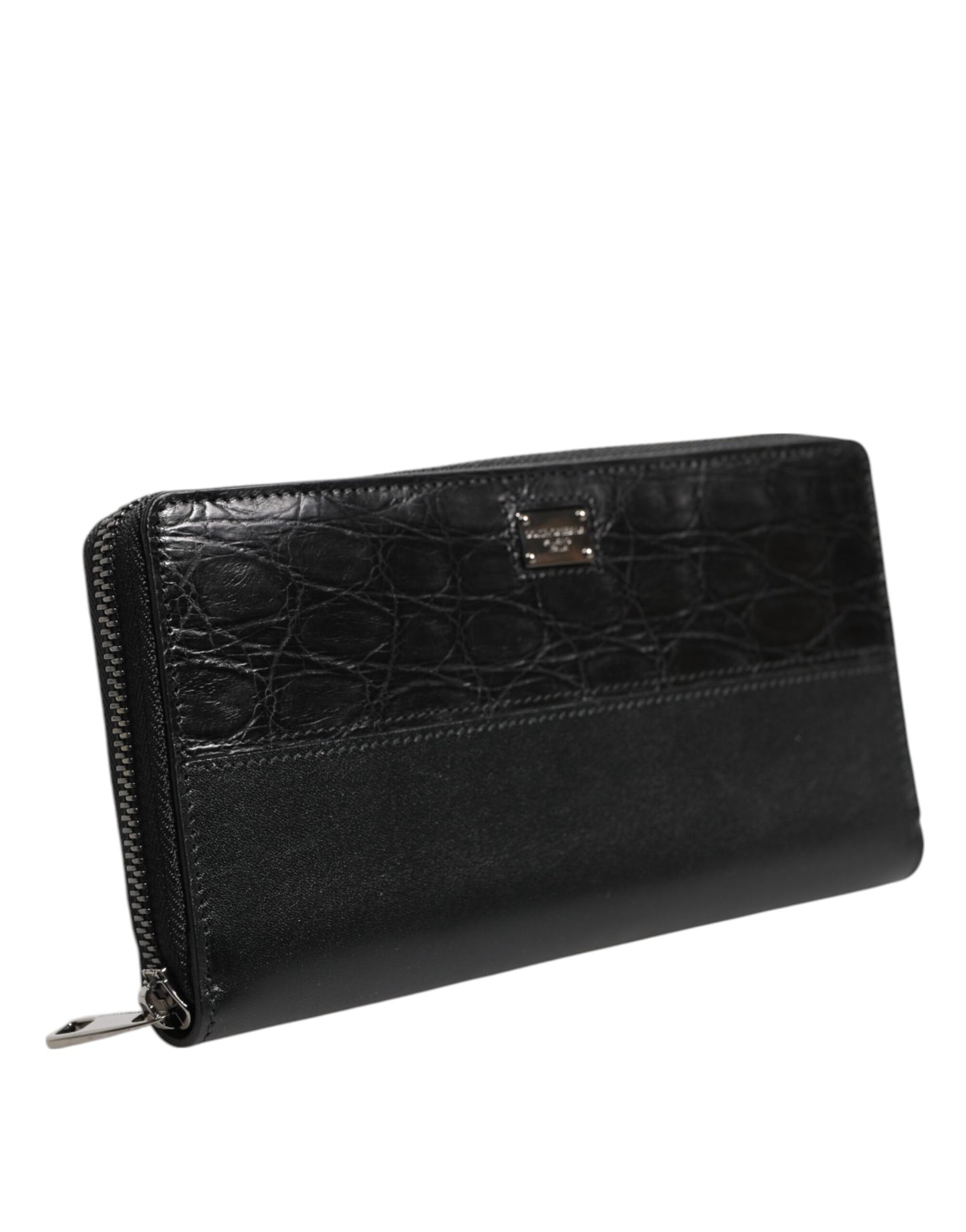 Black Leather Logo Plaque Zip Around Continental Wallet