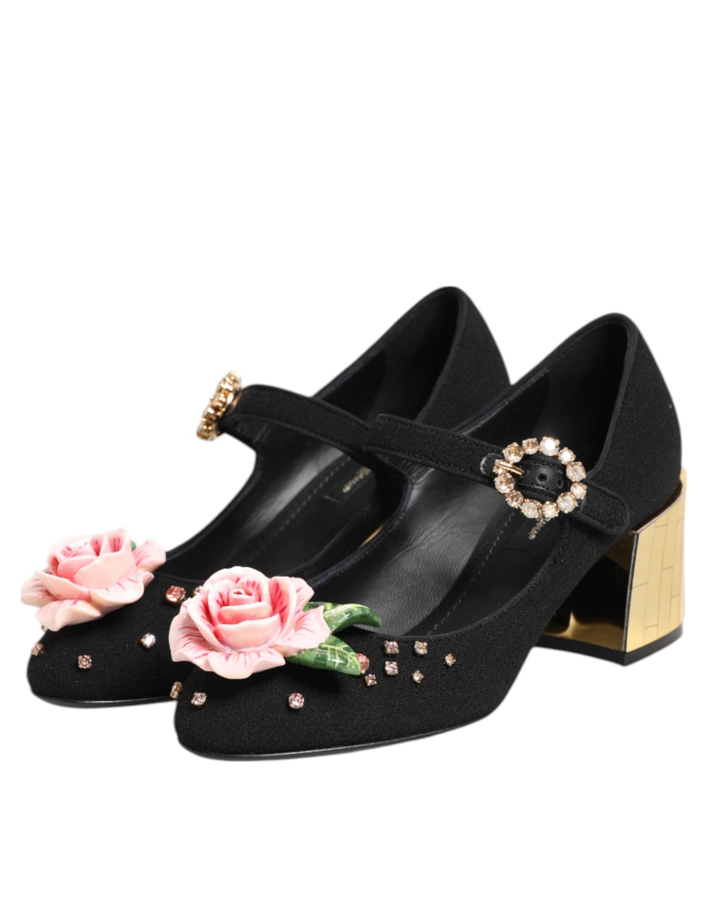 Black Flower Crystal Embellished Mary Jane Shoes