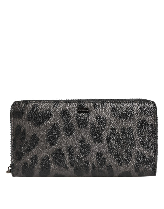 Black Gray Leopard Leather Zip Around Continental Wallet