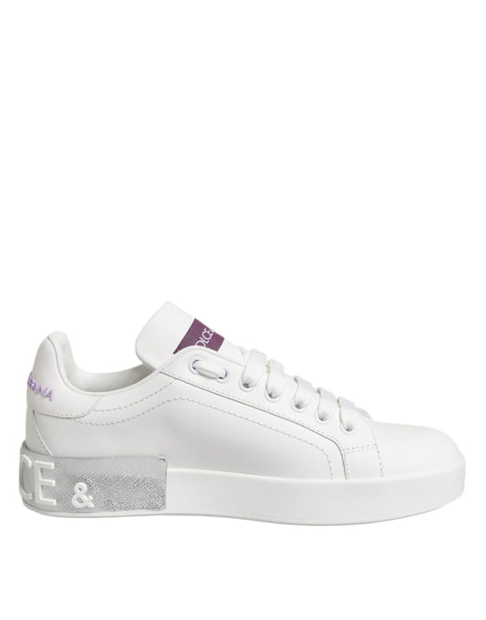 White Purple Leather Low Top Sneakers Shoes