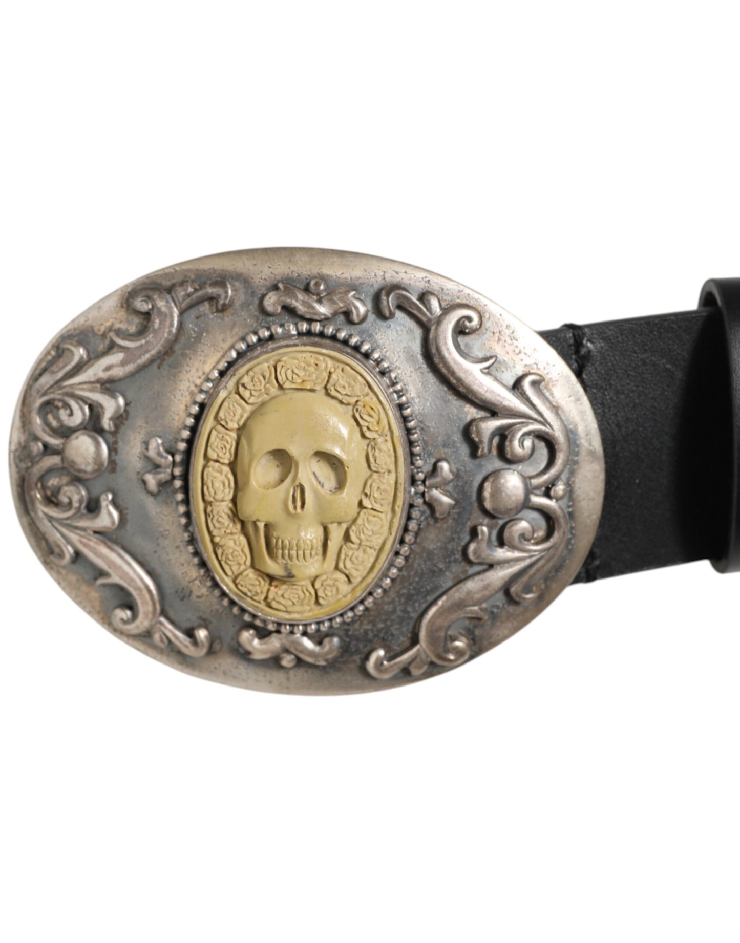 Black Leather Ornate Metal Buckle Men Belt
