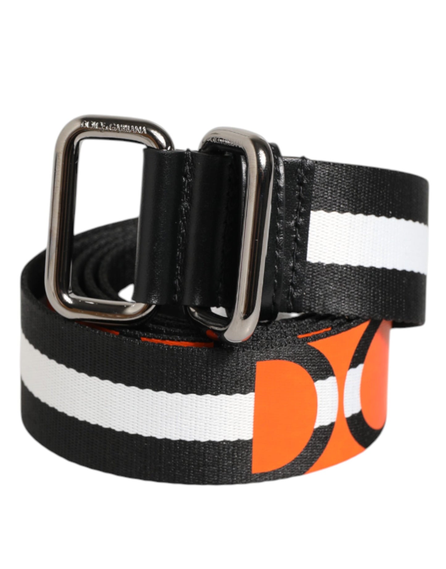 Black White Striped Logo Metal Buckle Belt