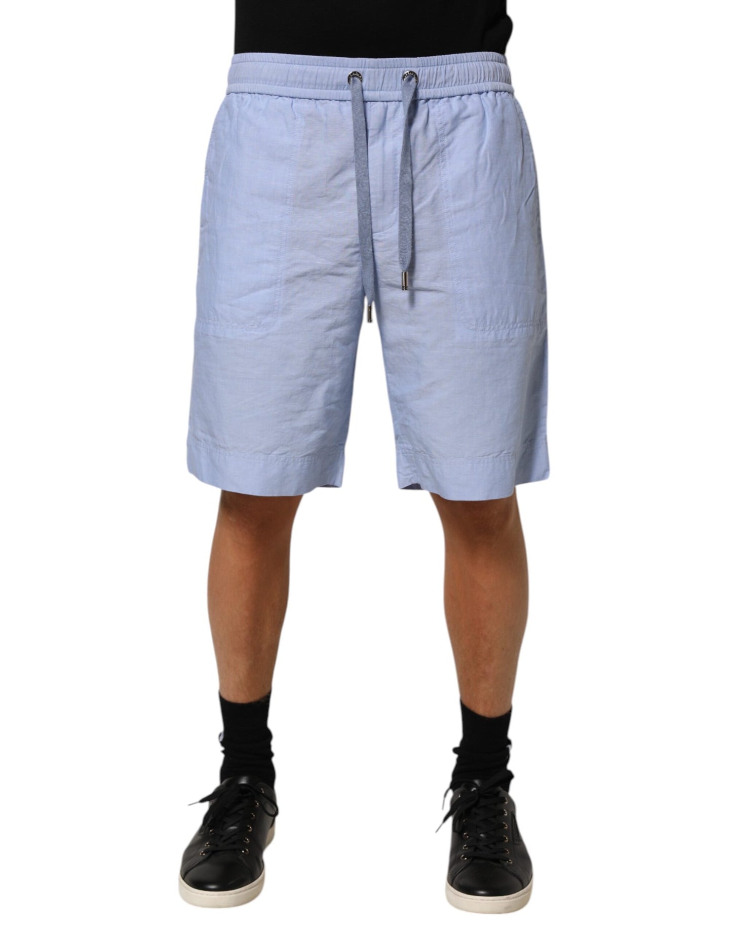 Light Blue Linen Mid Waist Men Bermuda Shorts