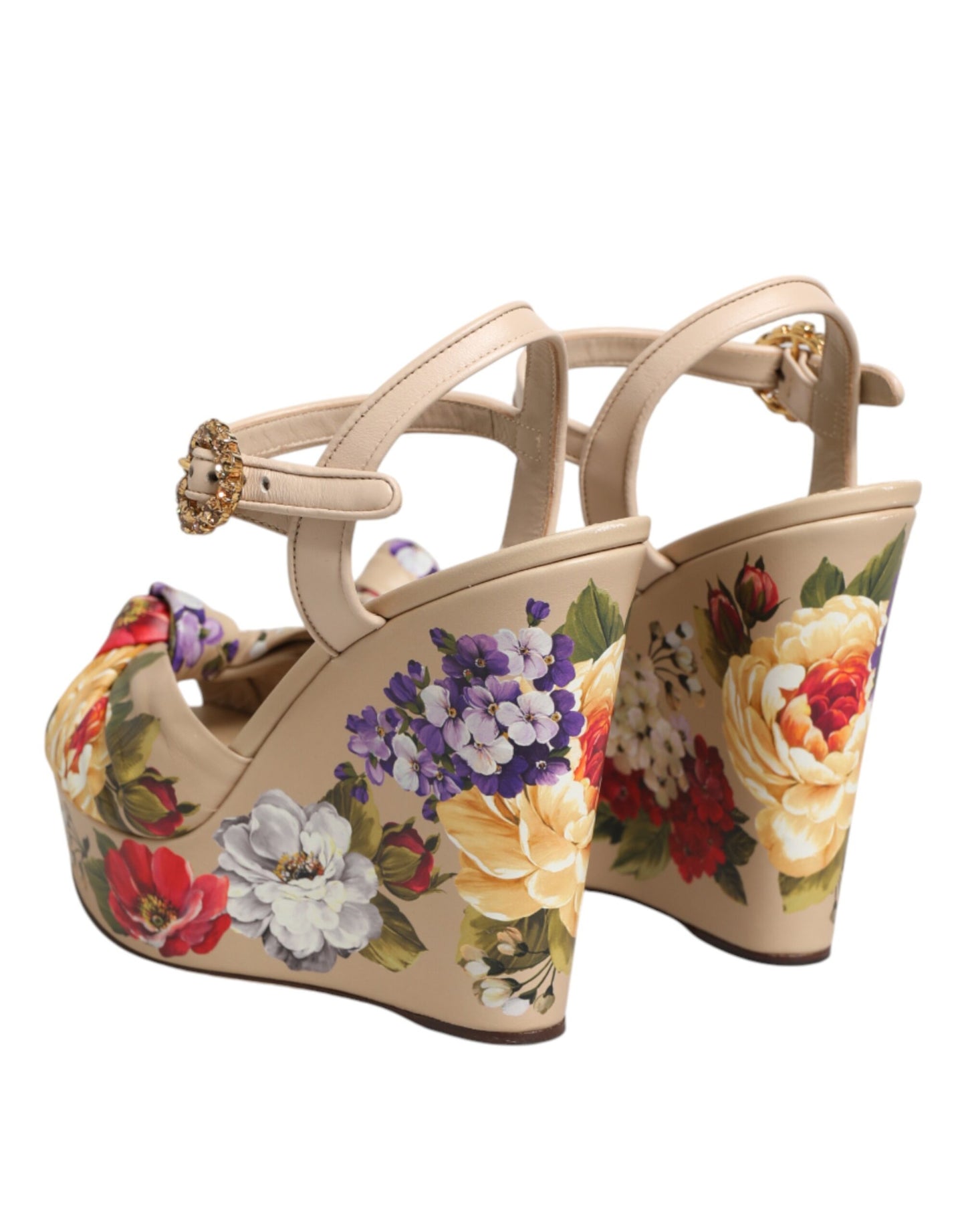 Beige Floral Ankle Strap Wedge Sandals Shoes