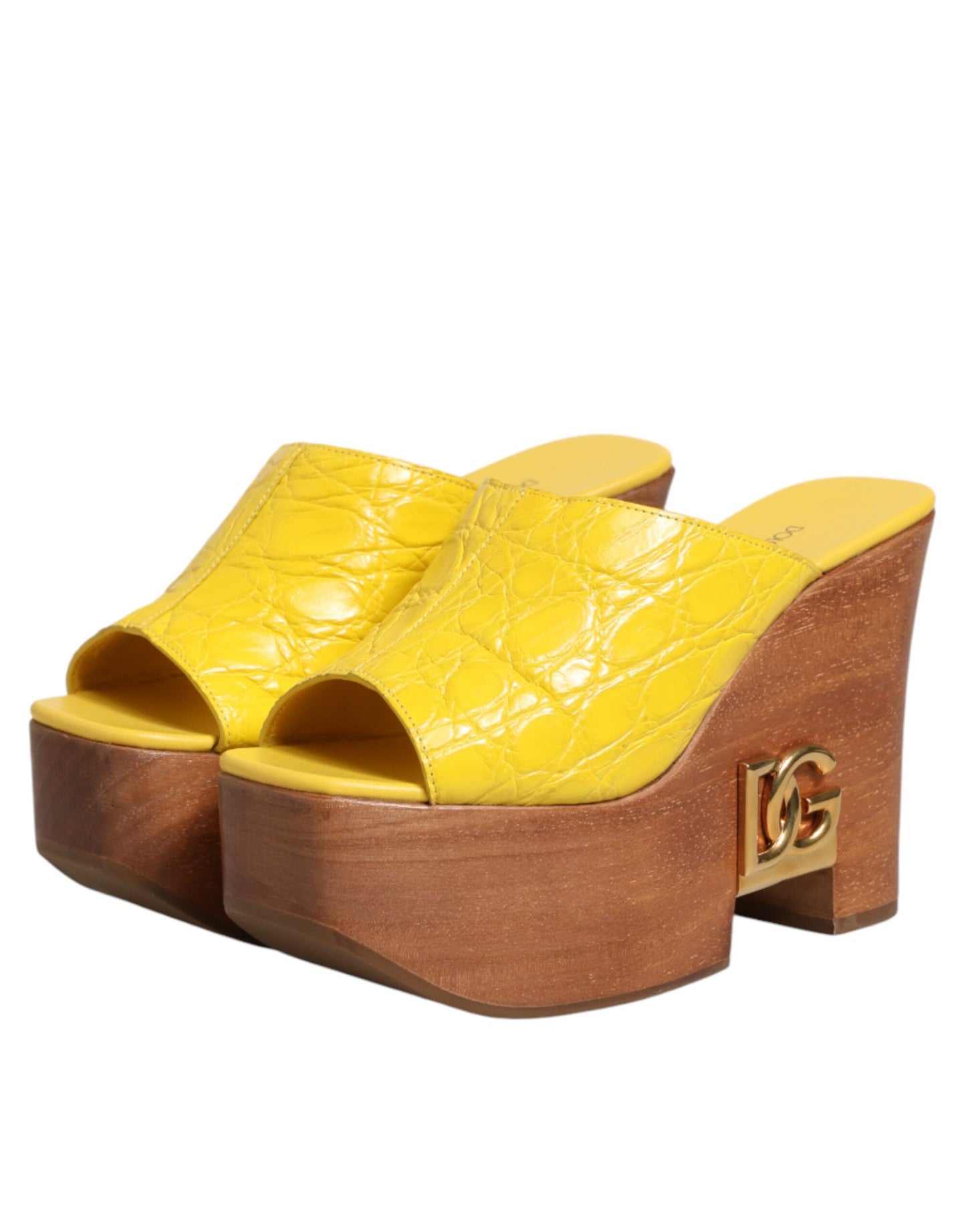 Yellow Leather Wood Mule Wedge Slides Shoes