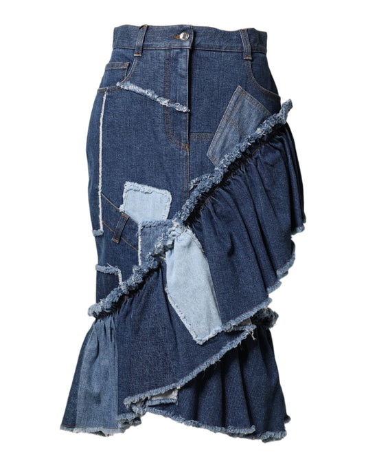 Blue Patchwork Layered Denim Midi Skirt